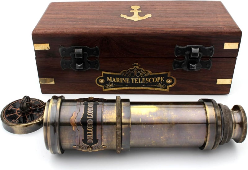 OCEAN REPLICAS 14 Inch Vintage Nautical Brass Telescope with Wood Box – Handheld Spyglass for Marine, Pirate, and Captain Use - Image 1